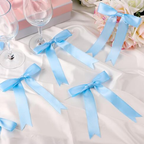 50 Pcs Twist Tie Bows 5x7 Inch Satin Ribbon Bows, Thin Ribbon Bows for Gift Wrapping Champagne Bottle Cake Decorations DIY Gift Wedding Baby Shower Birthday Party (White) in Saudi Arabia