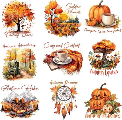 9 Pcs,Fall Vibes Hot Stamping Decals for T-Shirts, Pumpkin Iron-On Heat Transfer Patches, Autumn Designs, Washable, Heat Pressed, Decorative for Clothing, Face Masks, Hats (FA-05) in Kuwait