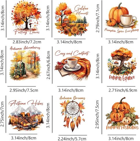 9 Pcs,Fall Vibes Hot Stamping Decals for T-Shirts, Pumpkin Iron-On Heat Transfer Patches, Autumn Designs, Washable, Heat Pressed, Decorative for Clothing, Face Masks, Hats (FA-05) in Kuwait