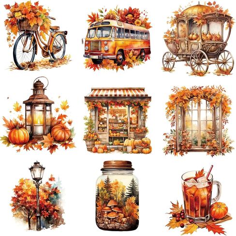 9 Pcs,Fall Vibes Hot Stamping Decals for T-Shirts, Pumpkin Iron-On Heat Transfer Patches, Autumn Designs, Washable, Heat Pressed, Decorative for Clothing, Face Masks, Hats (FA-05) in Kuwait