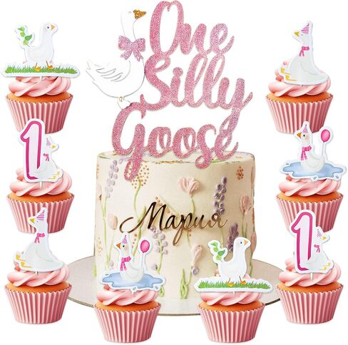 Pink One Silly Goose Birthday Cake Topper Little Goose Cupcake Topper One Silly Goose Birthday Decor Goose 1st Birthday Party Decorations Supplies in Saudi Arabia