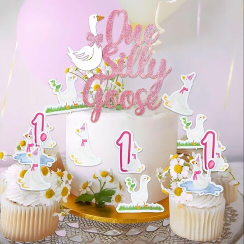 Pink One Silly Goose Birthday Cake Topper Little Goose Cupcake Topper One Silly Goose Birthday Decor Goose 1st Birthday Party Decorations Supplies in Saudi Arabia