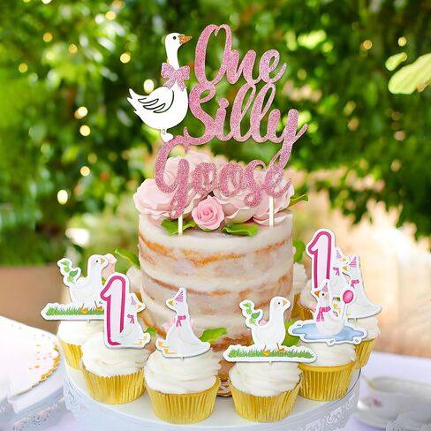 Pink One Silly Goose Birthday Cake Topper Little Goose Cupcake Topper One Silly Goose Birthday Decor Goose 1st Birthday Party Decorations Supplies in Saudi Arabia