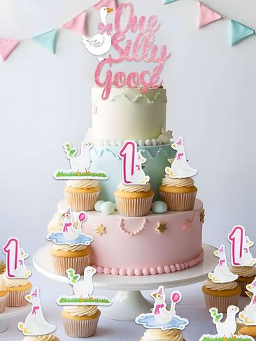 Pink One Silly Goose Birthday Cake Topper Little Goose Cupcake Topper One Silly Goose Birthday Decor Goose 1st Birthday Party Decorations Supplies in Saudi Arabia