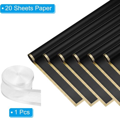 PATIKIL Flower Wrapping Paper 22.4x22.4, 20 Sheets Waterproof Florist Floral Bouquet Wrap Paper Gold Edge with 1 Roll Ribbon for DIY Crafts Gift Packaging, Navy Blue in Saudi Arabia
