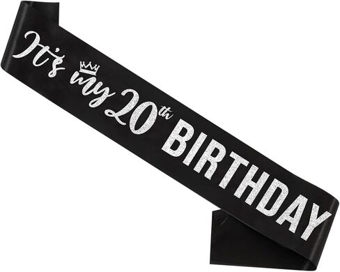 It’s My 20th Birthday Sash,20th Birthday Sash for Girls,Glitter Letter 20th Birthday Sash for Girls,Happy 20th Birthday Party Decorations,Black and Silver in Saudi Arabia