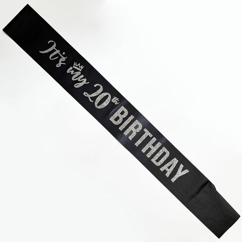 It’s My 20th Birthday Sash,20th Birthday Sash for Girls,Glitter Letter 20th Birthday Sash for Girls,Happy 20th Birthday Party Decorations,Black and Silver in Saudi Arabia