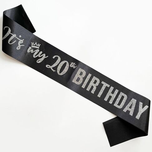 It’s My 20th Birthday Sash,20th Birthday Sash for Girls,Glitter Letter 20th Birthday Sash for Girls,Happy 20th Birthday Party Decorations,Black and Silver in Saudi Arabia