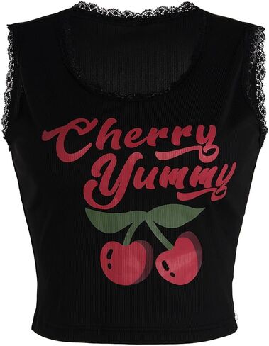 Floerns Women's Letter Print Sleeveless Lace Trim Scoop Neck Crop Tank Top in Saudi Arabia