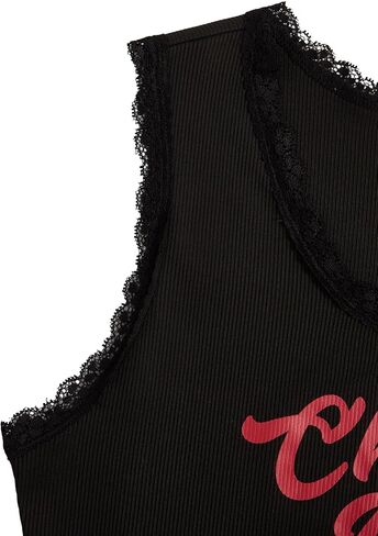 Floerns Women's Letter Print Sleeveless Lace Trim Scoop Neck Crop Tank Top in Saudi Arabia