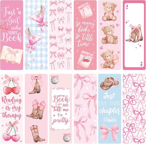 Coquettte Bows Paper Bookmarks for Women - 24 Pcs Pink Bow Cherry Paper Bookmarks for Girl, Cute Panda Cowboy Hat Bookmarks Creative Gift for Girlfriend Student Teacher Book Lover in Kuwait