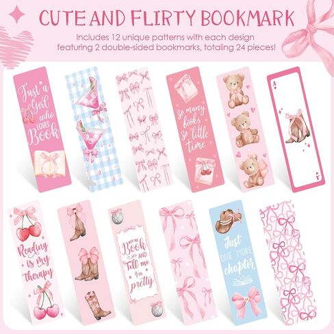 Coquettte Bows Paper Bookmarks for Women - 24 Pcs Pink Bow Cherry Paper Bookmarks for Girl, Cute Panda Cowboy Hat Bookmarks Creative Gift for Girlfriend Student Teacher Book Lover in Kuwait