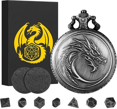 Mini DND Dice Set with Steampunk Dragon Head Totem Pocket Watch Case, Tiny 7PCS Polyhedral Metal D&D Dice, DND Gifts with Gift Box, Role Playing Game Board Game Accessories Dice, Dark Silver in Kuwait