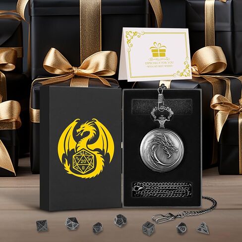 Mini DND Dice Set with Steampunk Dragon Head Totem Pocket Watch Case, Tiny 7PCS Polyhedral Metal D&D Dice, DND Gifts with Gift Box, Role Playing Game Board Game Accessories Dice, Dark Silver in Kuwait