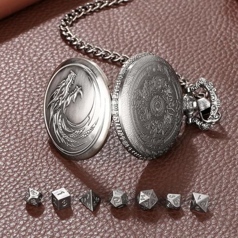 Mini DND Dice Set with Steampunk Dragon Head Totem Pocket Watch Case, Tiny 7PCS Polyhedral Metal D&D Dice, DND Gifts with Gift Box, Role Playing Game Board Game Accessories Dice, Dark Silver in Kuwait
