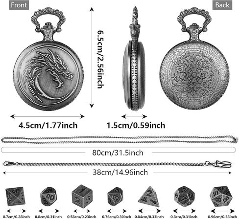 Mini DND Dice Set with Steampunk Dragon Head Totem Pocket Watch Case, Tiny 7PCS Polyhedral Metal D&D Dice, DND Gifts with Gift Box, Role Playing Game Board Game Accessories Dice, Dark Silver in Kuwait
