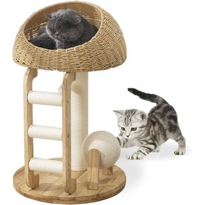 50" Tall Modern Cat Tree Tower, Lndoor Large Multiple Play Around, Hand Woven Cats Basket nest Sisal Pillar Solid Rubber Wood for Summer Winter 4 Tier Space Capsule Toy Ladder Stable Easy to Clean