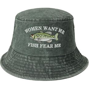 Enodtter Women Want Me Fish Fear Me Embroidered Bucket Hat