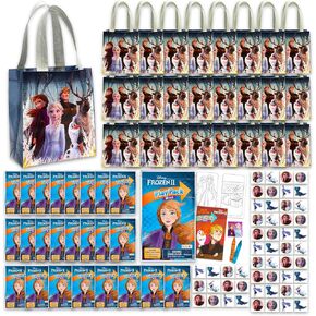 تفضل Disney Frozen Party الحزمة Ultimate ~ 24 ضيفًا مع حقائب الحفلات ، ومجموعة كتاب أنشطة التلوين المصغرة ، والملصقات ، والوشم المؤقت | مستلزمات حفلات عيد ميلاد ديزني المجمدة للأطفال