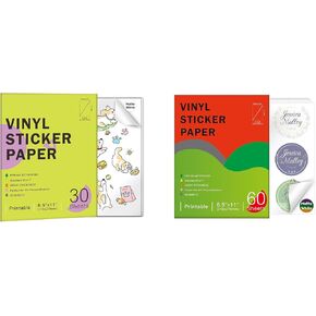30 Sheets Matte White + 60 Sheets Matte White Premium Printable Vinyl Sticker Paper for Inkjet Printers 8.5x11 Inch Waterproof & Vibrant Colours Retains Ink Well Tear Resistant Great for Cutting Machi