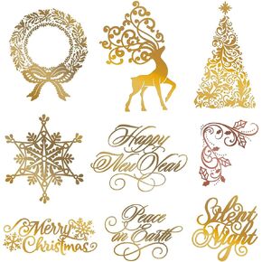 9PCS Christmas Hot Foil Plate,Christmas Elks,Snowflakes,Christmas Tree,Happy New Year,Peace on Earth,Silent Light,Christmas Wreath Leave Metal Foil Plate for Card Making DIY Scrapbooking Xmas
