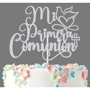 Mi Primera Comunion Cake Topper ، الشركة الإسبانية الأولى المقدسة ، يوم المعمودية ، دش الزفاف/زفاف/معمودية/تعميد زخارف حفلة استحمام الطفل ، بريق فضية