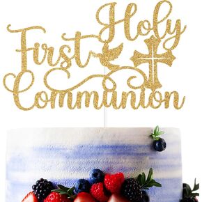 Gold Glitter First Holy Communion Cake Topper, Mi Primera Comunión/God Bless This Child, Baby's 1st Birthday/Baptism Christening Party Decorations Supplies