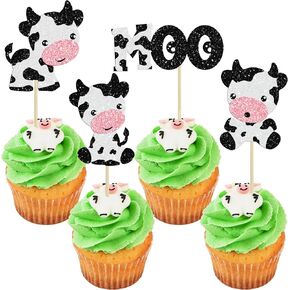 Ephlyn 24Pcs Cow First Birthday Cupcake Toppers Glitter Farm Animals Moo One Cupcake Pick Decorations for Baby Shower 1st Birthday Party Supplies Pink