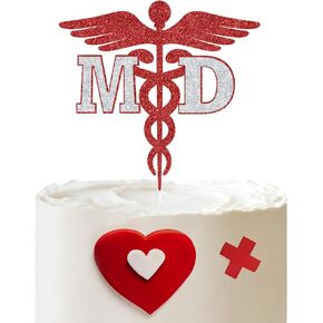 تهانينا MD Cake Topper ، تهانينا دكتور غراد ، ديكور الدراسات العليا ، ديكورات التخرج في كلية الطب ، الفضة والأحمر اللامع