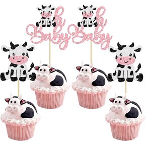 ephlyn 24pcs البقر الأول عيد ميلاد كب كيك أعلى قبعات بريق مزرعة الحيوانات moo واحد كب كيك اختيار الزخارف للاستحمام الطفل الأول لحفلات عيد الميلاد اللوازم الوردي in Kuwait