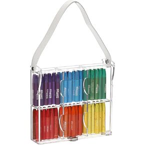 BTSKY Clear Acrylic Crayon Boxes with PU Leather Handle & Silver Latch, 6-Compartment Adjustable Crayon Caddy for Bulk Crayons Storage, Portable Clear Organizer for Art & Craft Supplies
