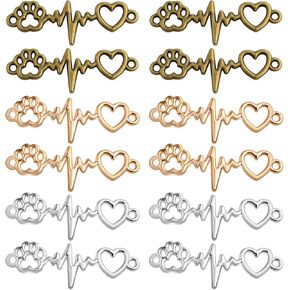 60pcs Dog Paw Print Heart Beating Charm Connectors Vintage Alloy Animal Footprint Lifeline Pulse Heartbeat Pendant Links for DIY Bracelet Necklace Jewelry Craft Making, 3 Colors