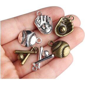 Acxico 60Pcs Baseball Theme Charms Collection Mixed Antique Silver Glove Ballgame Sports Ball Softball Metal Alloy Pendants for Making DIY Accessories