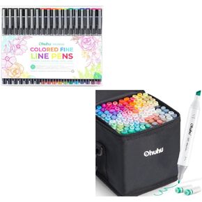Ohuhu ملونة Fineliner Abens & Colechors 11 ملونة و 7 نقطة أسود أقلام 100 ألوان غرامة ومجموعة نصائح مزدوجة إزميل