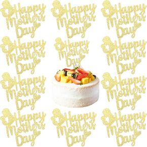 10pcs بريق بريق "عيد أم سعيد" القبعات العليا مع 10 عصي خشبية ونقاط لاصقة ، وأغطية كب كيك رقائق الذهب للحلويات عيد الأم ، والبسكويت ، وزينة الحفلات ، ودش الطفل ، والخبز DIY