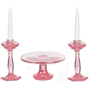 Dollhouse Miniature Chrysnbon Pink Cake Plate & Candlesticks Mini-kit