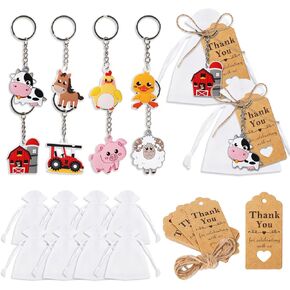 Whaline 73pcs حفلات استحمام الطفل تشمل سلاسل مفاتيح حيوانات المزرعة ، شكرًا لك Kraft Tags White Orgresha مع حلقات مفتاح حيوان لطيف للأطفال.