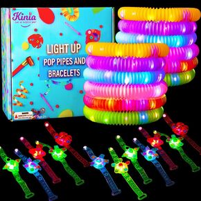KINIA 24 PACK 12 Party Favors LED Light Up Glow Sticks Kids Toys Pop It Tubes + 12 LED Glow in the Dark Wristband