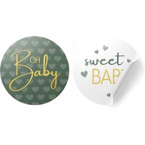 Green and Gold Baby Shower Stickers, Greenery Sweet Baby, 1.75 in. Round Favor Bag Labels - 40 Count