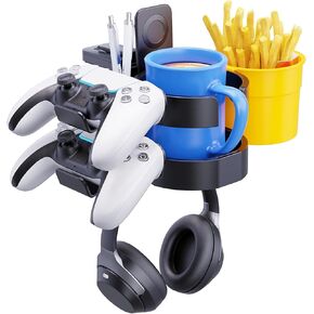 7-in-1 Desk Cup Holder - EURPMASK Desk Organizer with Headphone Holder, Controller Holder, Snack Bucket, and Phone Holder, Clamp-On Desk Accessory with Sturdy Large Storage, Easy to Install, Black