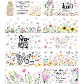 CRASHOT UV DTF Cup Wraps for 16 OZ - 10 Sheets Butterfly UV DTF for Glass, Tumbler, Sunflower Girl Floral Flower Design, Self Affirmation Inspirational Waterproof Rub on Transfer