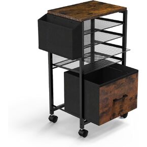 MoKo Rolling File Cart, 5-Tiered File Cart with Hanging File Folders on Wheels, Brown Wood Tabletop & Mesh File Cart with Sliding Drawer and Side Bag Fits A4 Size Office School Classroom Organization