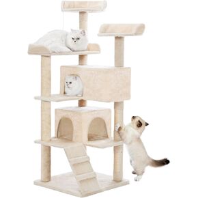 Made4pets Cat Tree Tower 56in Tower Cat للقطط الداخلية القطط الصغيرة شجرة القطط متعددة المستويات مع مركز نشاط أثاث الشقة مع منشورات خدش ألعاب مضحكة للحيوانات الأليفة للحيوانات الأليفة ، رمادي فاتح