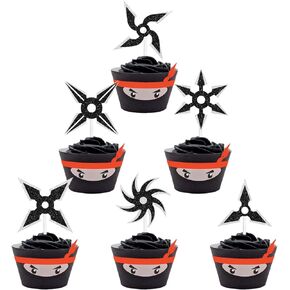 18 PCS Ninja Happy Birthday Cupcake Toppers Toppers Decor Kit - Kung Fu Ninja Darts موضوع زخارف حفلة عيد ميلاد الساموراي