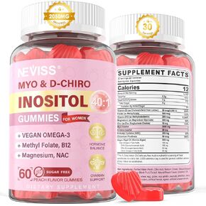 Myo-Inositol & D-Chiro Inositol Gummies Sugar Free, 40:1 Ratio Inositol Supplement Gummies for Women with Vegan Omega-3 & Vitamin D, Methyl Folate + B12, Fertility & Ovarian Support, Hormone Balance in Kuwait