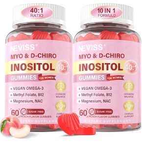 Myo-Inositol & D-Chiro Inositol Gummies Sugar Free, 40:1 Ratio Inositol Supplement Gummies for Women with Vegan Omega-3 & Vitamin D, Methyl Folate + B12, Fertility & Ovarian Support, Hormone Balance