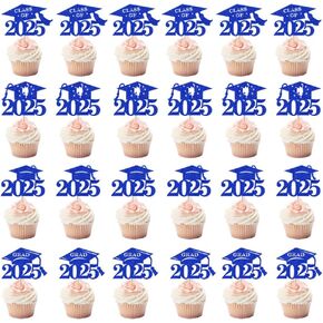 24PCS Cupcake Cupcake Topper - Black Glitter Cap Diploma Cupcake Topper- Class of 2025 Treguation Party Cake Decorations