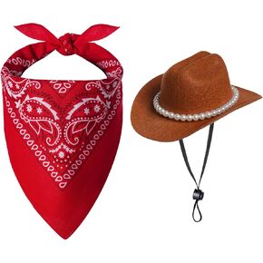 Pet Cowboy Costume Accessories Halloween Costumes for Small Pet Dogs Cat Cowboy Hat Cap and Bandana Scarf Halloween Party Western Cosplay Accessories (Pink, Small)