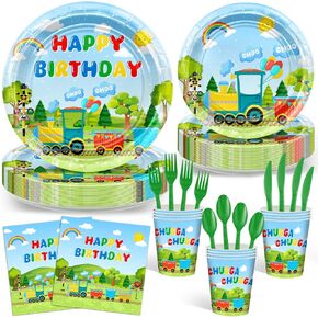 Avezano 168 PCS Train Birthday Supplies تشمل لوحات ورقية ، أكواب ، مناديل ، سكاكين ، شوكات ، ملاعق لزخارف حفلة عيد ميلاد Chuagaa ، 24