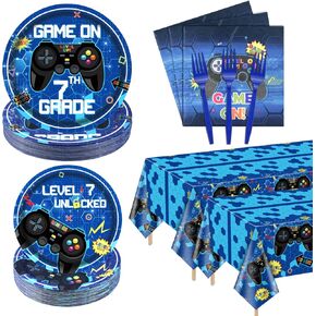 162 Pcs Video Game Party Supplies - 9th Birthday Video Game Party Decor Dinner Plates Napkins Video Game Tablecloth Forks Gaming Party Pack for Kid Boy 9th Birthday Party, Serves 40 (9th)